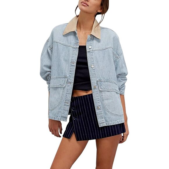 Jackets & Blazers - Women's Oversized Denim Jacket with Contrast Long Sleeve Button Down Light Blue